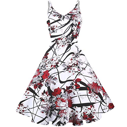 GOOBGS Women's 1950s Retro Vintage Spaghetti Strap Cocktail Swing Dresses with Pockets Burgundy Painting XL