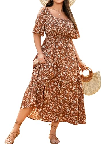 Brown Plus Size Dress Summer Boho Floral Wedding Guest Maxi Dresses 2XL