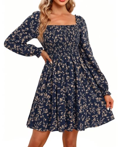 Floral Fall Dress Navy Blue Casual Boho Long Sleeve Short Dress