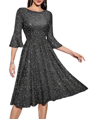 HomRain Womens Glitter Black Formal Dress Long Sleeve Cocktail Dresses Knee Length Funeral Dresses for Women Black Evening Dress for Women Glitter-Black 2XL