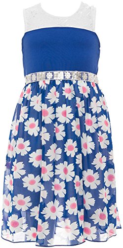ToBeInStyle Girl's Flower Print Dress with Sequin Waistband - Royal - 10