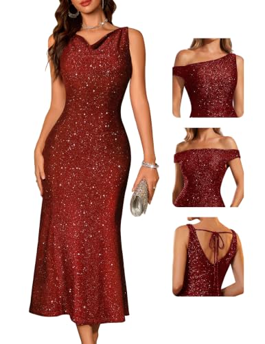 BeryLove Womens Sequin Formal Wedding Guest Dress Homecoming Cocktail Bodycon Gowns Glitter Sleeveless Ruched Cowl Neck Midi Prom Party Dresses 0035 Burgundy M