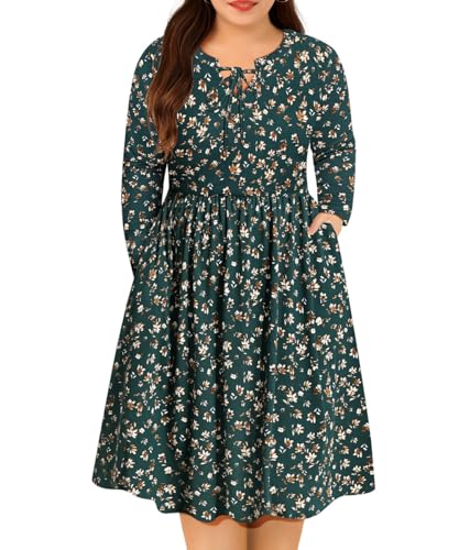 RITERA Plus Size Dresses for Curvy Women Green Floral Long Sleeve Cutout Dress Elastic Waist Drawstring Fall Winter Flowy Casual Dress 3XL 22W 24W