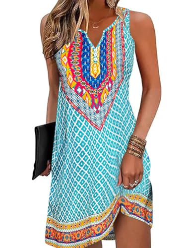 SimpleFun Women Sundressses with Pockets Boho Summer Dress Embroidered Short Length Dresses Light Blue M
