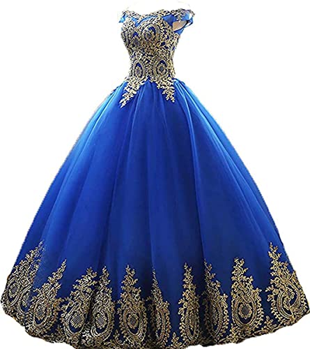 QXMYOO Women Off Shoulder Prom Ball Gown 15 Dress for Quinceanera Dresses Royal Blue and Gold