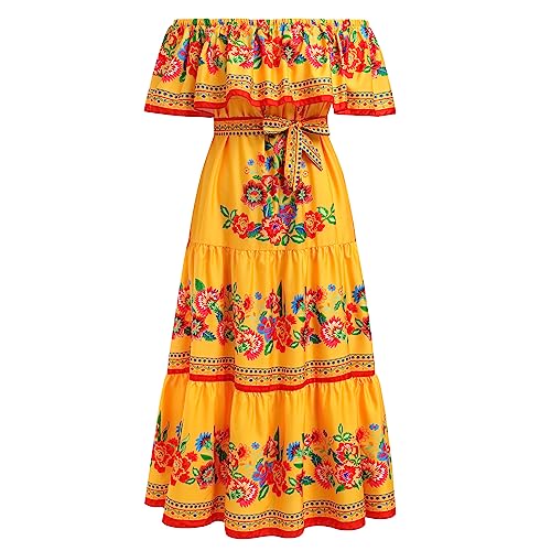 Women Mexican Dress Off Shoulder Floral Long Maxi Dress Summer Beach Party Cinco de Mayo Dresses Yellow XL