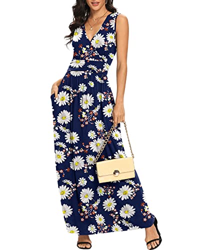 LILBETTER Women Sleeveless Deep V Neck Loose Plain Long Maxi Casual Dress(Flower Navy Daisy,Small)