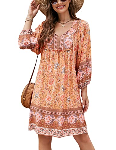 Bluetime Women Casual Summer Dress Boho V Neck 3/4 Sleeve Babydoll Floral Print Flowy Beach Dress (L, Orange)