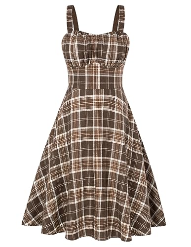 Belle Poque Womens Vintage A-line Midi Cocktail Party Dress Brown Plaid XXL