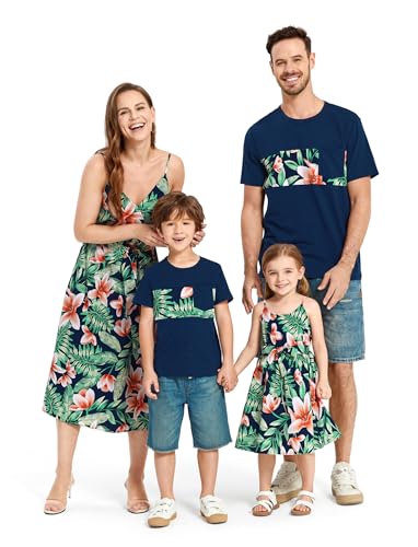 PATPAT Family Matching Outfits Mommy and Me Dresses Matching Set Tropical Floral Palm Leaf Print Sleeveless Maxi Sun Dress Mommy and Me Hawaiian Vacation Beach Dress Green Floral Outfit for Women XXL