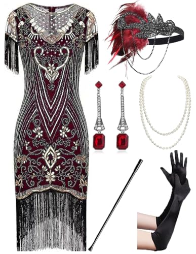867A - Plus Size 1920s Vintage Fringed Gatsby Sequin Beaded Tassels Hem Flapper Party Prom Cocktail Dress with Accessories (Red Gold with Accs, 3X)