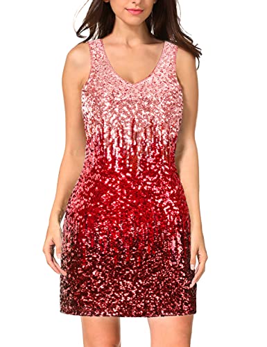 MANER Women's Sequin Dress Sparkly Glitter V-Neck Sleeveless Party Club Cocktail Tank Dress (L, Canyon Rose/Burgundy/Ruby Red)