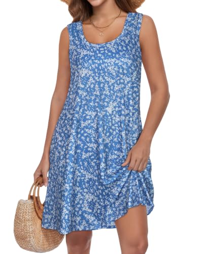 Sundresses for Women Summer Sleeveless U Neck Dreses, Blue White Flower, XL