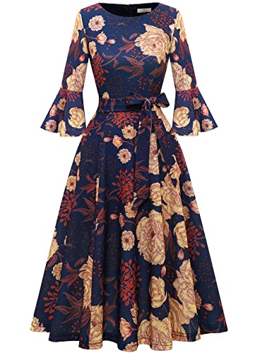 Women's Floral Vintage Dresses for Women 2025 for Fall Tea Party Midi Formal Bridesmaid Cute Puff Sleeve Dresses Wedding Guest Navy-Yellow-Flower L