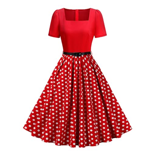1950s Dresses for Women Vintage Rockabilly Retro 40s 50's Style Polka Dot Dress Belted Short Sleeve Square Neck Audrey Hepburn Graduation Prom Tea Party Dresses for Woman Church Cocktail Dress Red S