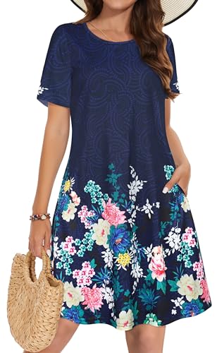 elescat Summer Dresses for Women Casual Tshirt Sundress, Blue Flower, L