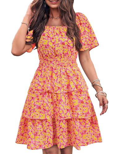 PRETTYGARDEN Women's Summer Floral Ruffle Short Dress Rose Red Floral,M | Short Sleeve Square Neck, Flowy Tiered Hem, Fit and Flare, Flower Boho Dresses, Cute Beach Vacation Outfits, Fashion Clothing
