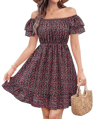 Triratna Summer Dresses for Women 2026: Ladies Off the Shoulder Casual Dress Smocked Chiffon Swing Flowy Floral Print Dresses for Women Wedding Guest Beach Vacation Short Maxi Dress Black with Red M