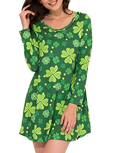Aphratti Women's Long Sleeve St Patricks Day Cute Printed Tunic Dress 4 Leaf Clovers Large