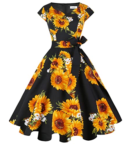 Kingfancy Women Vintage 1950s Dress Cocktail Dresses Black Sunflower L