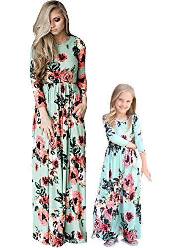 WIWIQS Mommy and Me Matching Dress Summer Casual Beach Dress Long Sleeve Flower Printed Maxi Dress Floral Green Long Sleeve S