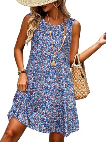 Women's Summer Dresses Sleeveless Floral Sundress, Blue Daisy, L