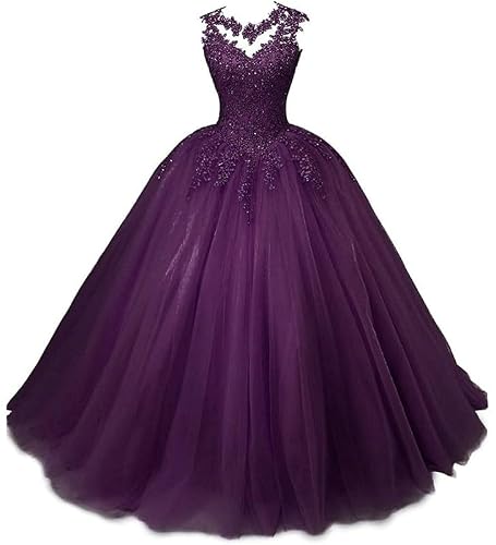 ADNEVT Women's Plum Prom Dresses Long Tulle Appliques Beaded Quinceanera Dress for Teens Ball Gown Formal Evening Dress Size 20W