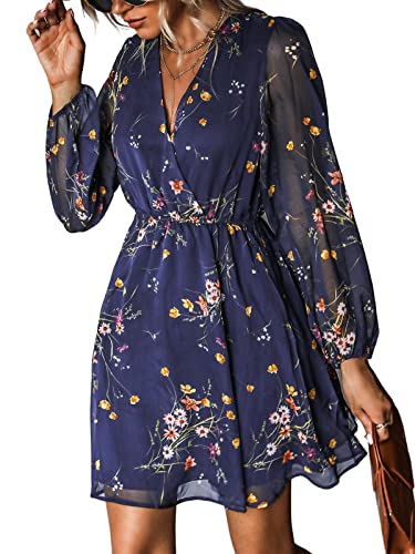 CUPSHE Womens Floral Mini Dress Long Sleeve Casual Flowy Dresses Navy, XL | V Neck Lightweight Chiffon, Elastic Waist A Line Short Dress, Spring Summer Fall, Wedding Guest Dress, Beach Date Night Looks