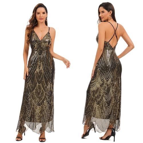 Women's V Neck Spaghetti Straps Sequin Sparkly Glitter Irregular Hem Prom Dress Backless Maxi Evening Gowns S Black Gold