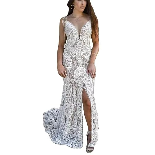 NALAWEKER Beach Wedding Dresses for Bride Long Ivory Lace Bohemian Braided Straps with Tassels Bridal Gown Size 6