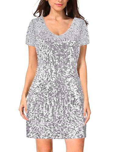 MANER Women's Sequin Glitter Short Sleeve Dress Sexy V Neck Mini Party Club Bodycon Dresses (L/US 12-14, Silver Grey)