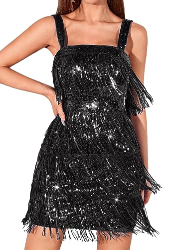 RED DOT BOUTIQUE 861 - Women Sequin Fringe Tassel Evening Party Prom Cocktail Homecoming Concert Dress (A-Black, M)