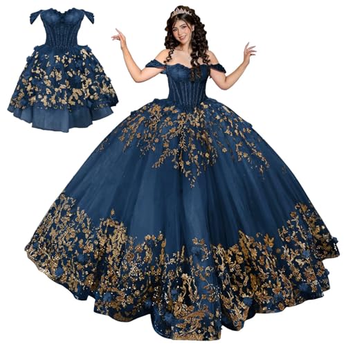 Mauuwy Glitter Gold Vestidos De 15 Quinceanera Dress Tiered Navy