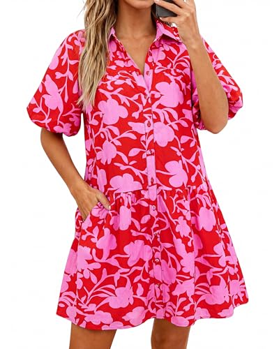 PRETTYGARDEN Womens Summer Dresses 2026 Casual Puff Sleeve Button Down Mini Shirt Dress Boho Floral Babydoll Sun Dress(Red Pink Flower,Medium)