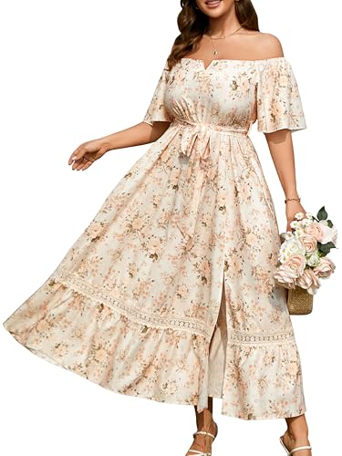 Plus Size Dress for Cocktail Wedding Guest Boho Maxi Dresses Beige Floral L | Off Shoulder Dress with Belt, V Neck, Flowy Aline Tiered, Spring Fall Semi Formal Outfits, Garden & Tea Party, Beach Vacation