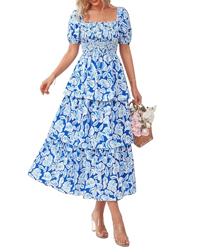 BTFBM Womens Floral Smocked Summer Maxi Dresses,Floral Blue,S