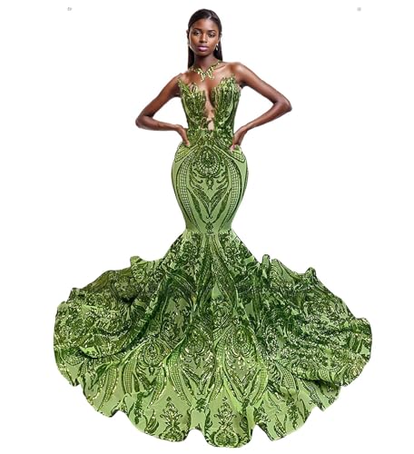Keting Women's Sleeveless Green Sheer Mesh Sequined Mermaid Prom Party Evening Gala Dress Pageant Celebrity Gown