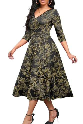 Nmoder Women's Casual Wrap Flared Midi Dress Wedding Guest Cocktail Tea Dresses A-Line Swing V-Neck 3/4 Sleeve