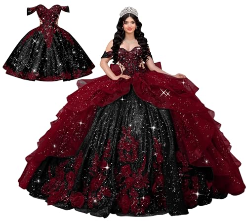Mauuwy Ball Gown Burgundy Dark and Black Bow Quinceanera Dresses 2 Pieces | 3D Lace Applique Short Pageant Dresses ,Tiered Beaded Vestido De 15 Años Size 10