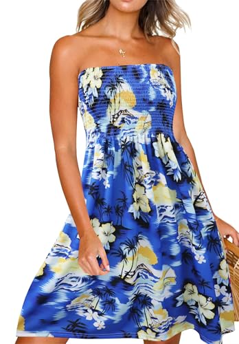 Zyyfly Strapless Dress for Women Summer Tube top Dresses Hawaiian Tropical Luau Palm Tree Hibiscus Island Bandana Vacation Beach Cover up Casual Knee Length Smocked Sundress Blue S