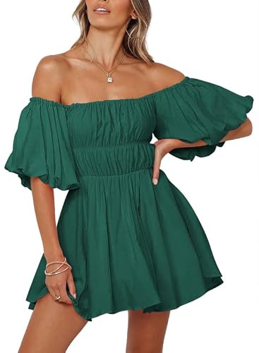 Dokotoo Dark Green Dresses for Women 2023 Fashion Lantern Sleeve Off Shoulder Dresses for Wedding Guest Ruffle Elastic Waist A-Line Casual Mini Dress X-Large