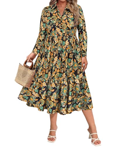 CARCOS Womens Plus Size Dresses 3X Black Floral Long Sleeve Curvy Women Dresses Collared V Neck Ruffle Fall Winter Teacher Dress with Pocket Button Up Wedding Guest Dress 3XL 22W 24W