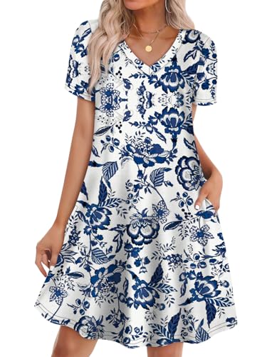 WIHOLL Summer Dresses for Women 2026 Vacation Beach Casual Blue Floral Italian Dress Flowy Fashion Clothing Cute Knee Length Short Sleeves Swing Plus Size Sundress with Pockets Ethnic 4XL
