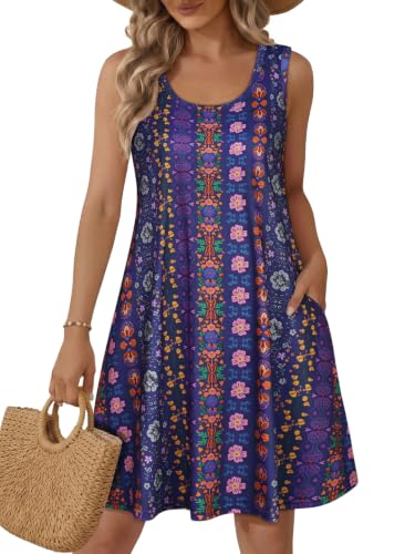 elescat Sundresses for Women Summer Sleeveless U Neck Dreses, Purple Flower Boho, XL