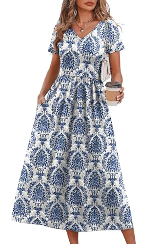 OFEEFAN Fall Dresses for Women 2026 Flowy Short Sleeve V Neck A Line Dress Spring Outfits Clothes Beach Vacation Casual Dresses Midi Maxi Dress Sundresses for Women Blue Damask Print 2XL