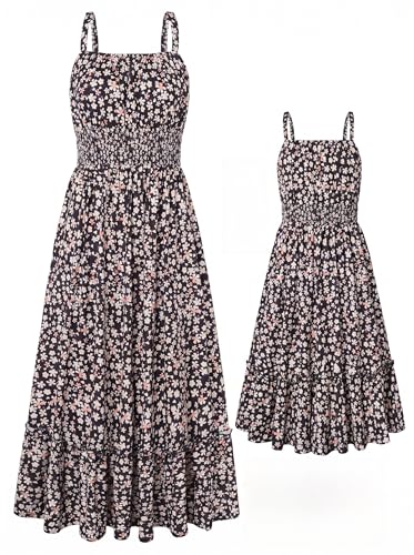 GRACE KARIN Mommy and Me Floral Smocked Dress,Spaghetti Strap Boho Dress,Summer Maxi Dress with Pockets Black Flower