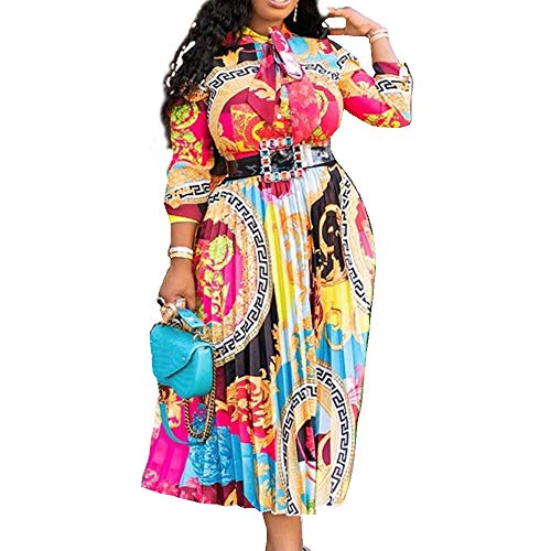 VERWIN Bow Collar Patchwork A-Line Color Block Women's Long Sleeve Dress Midi Dress (Large, Rose)