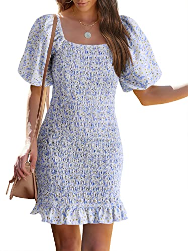PRETTYGARDEN Womens Square Neck Floral Print Smocked Dress Short Puff Sleeve Bodycon Summer Mini Dress Party Dresses (Light Blue White Flower,X-Large)