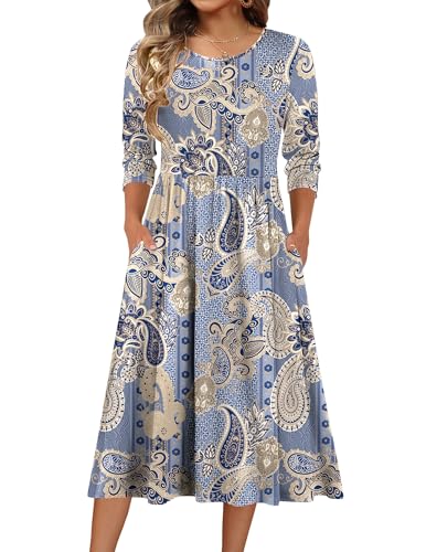 Zeagoo Women Casual Midi Summer Dresses Boho Floral 3/4 Sleeve Petite Dress | Dress With Pocket,Solid Color,Boho Floral,Early Fall Fashion 2026,High Waist Stretch,Loose Swing,Everday,Work,Party
