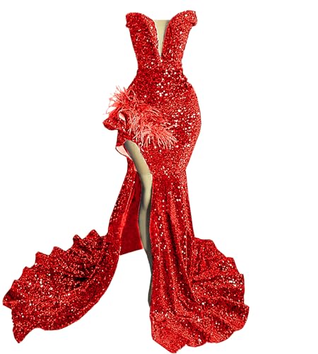 Ikerenwedding V Neck Strapless Sequin Prom Dress High Slit Mermaid Gown Red | Feather Trim, Velvet Sequin Fabric, Formal Wedding Guest Dress, Evening Party Gown, Zipper Back, Sweep Train, Cocktail Dress